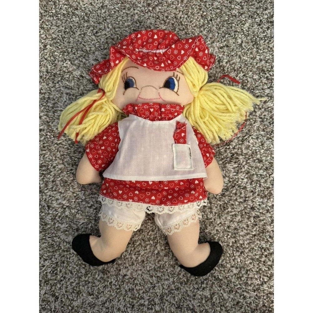 Vintage 1990s Cloth Rag Doll Blonde Hair Red White Heart Dress Retro Toy
